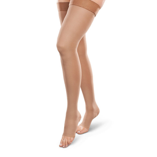 Therafirm EASE Opaque Unisex Open Toe Thigh Highs w/Silicone Band - 15-20 mmHg - Sand