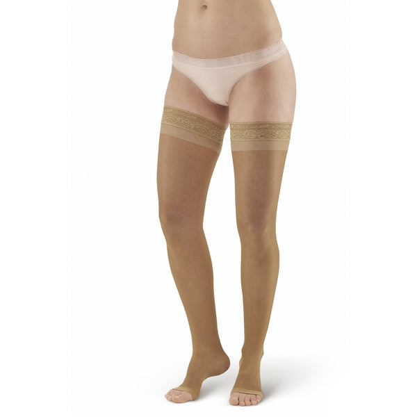 AW Style 48 Sheer Support Open Toe Thigh Highs w/ Lace Band - 20-30 mmHg - Beige