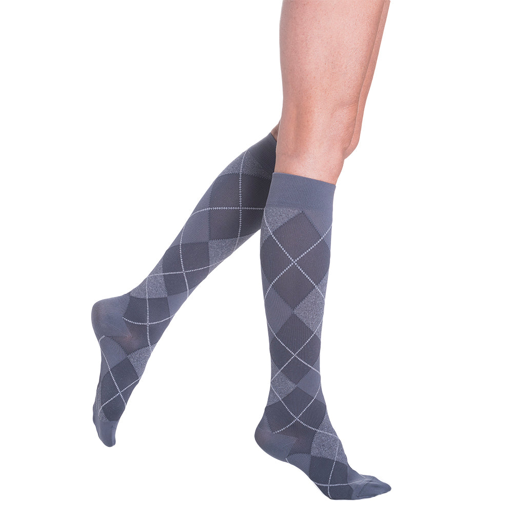 Sigvaris 832 Women's Knee High Compression Socks - 20-30 MmHg, Microfiber Royal Blue Argyle, Closed Toe