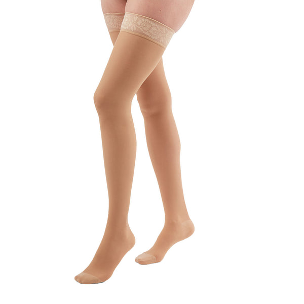 Medi Duomed Transparent Sheer Closed Toe Thigh Highs w/Lace Top Band - 20-30 mmHg - Nude